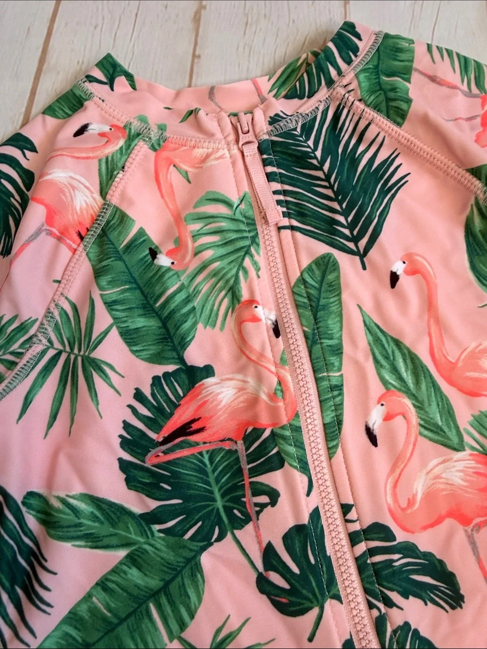 Old Navy Girls' Pink Flamingo & Green Leaf Long-Sleeve One-Piece Swimsuit